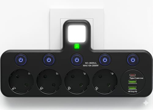 Regleta de Enchufe de Pared con 4 Tomas Europeas, Adaptador con USB C y 2 USB A, Ladrón de Enchufe con Interruptores Independientes para Hogar y Oficina (Negro) (Negro)