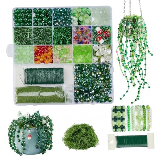 Gröna pärlor, sett med gröna glaspärlor för att göra växter med blomtråd och konstgjord mossa, 2872 stycken, kreativt hobbyset för dekoration