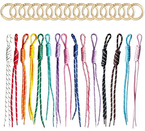 30Pcs Paracord Keychain Bag Charms, Colourful Braided Rope with Keyrings | 15 Paracord Ropes + 15 Gold Key Rings, Bag Charm Accessory, for Purse Backpack Handbag, Easy to Assemble