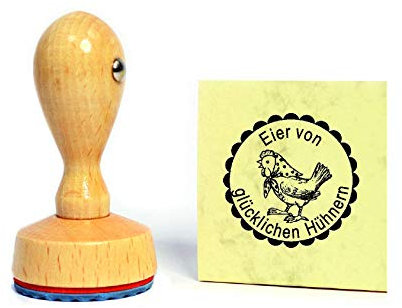Stempel Eier von glücklichen Hühnern - Frau Henne mit Kopftuch - Wunschtext möglich - Ø 20 mm