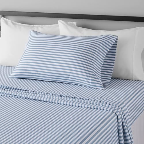 Amazon Basics Breathable, Brushed Microfiber Wrinkle Resistant 3 Piece Bed Sheet Set with 14-Inch Deep Pockets, Twin, Dusty Blue Pinstripe, Printed