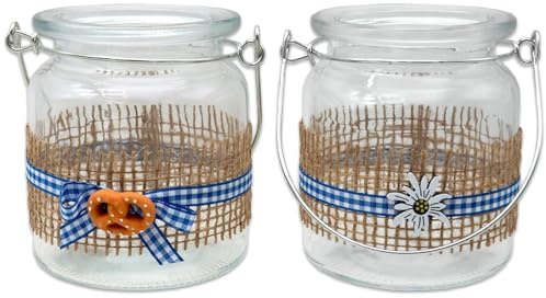 ZauberDeko Tischdeko Oktoberfest Bayern Windlicht Glas Blau Weiß Kariert Party Deko Biergarten 9,5 cm H Ø 8 cm 2 Stück