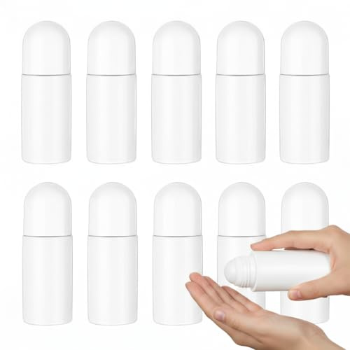 SUPVOX 10 Pack 50ml Essential Oil Roller Bottles, Refillable Leak-Proof Roll On Bottles with Smooth Ball, Travel Size Plastic Containers for Aromatherapy & Perfume (White)
