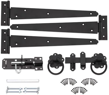 Infinity Decor Epoxy Black 12” Tee Hinges (3) with Plain Ring Gate Latch and Brenton Bolt Pack – Ideal for Garden Gate Fitting Kit for Barn, Shed Doors