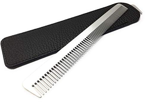 Swedish Crown Profi-herrkam med äkta läder etui aluminiumkamm 15,5 cm (antistatisk) metallkam fin + bred tandning skäggkam i salong utförande (2261 A-Et)