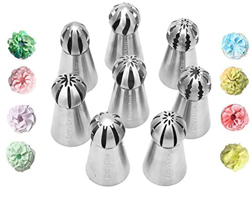 8 PCS Russian Piping Tips Set, BravOne Stainless Steel Russian Piping Ball Tips Flower Frosting Tips Icing Tips Piping Nozzles Cake Decorating Tips Kit for DIY Baking Cupcake Decorating Supplies Kit