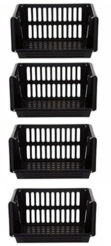Optimal Products Large 4 Tier Stacking Baskets Storage Veg Rack Plastic Stackers 35 cm Kitchen Fruit Stand Shelf (Black)
