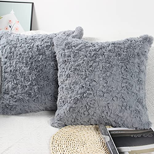 NIULAA Weich Plüsch Kissenbezug 50x50 2er Set Grau Deko Kissenbezüge Pelz Flauschig Kissenhülle Luxus Zierkissen Sofakissen Kunstfell Kissen für Sofa Wohnzimmer Schlafzimmer