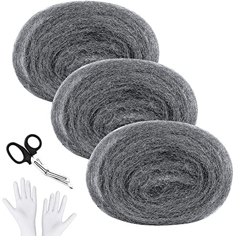 SelfTek Stahlwolle Gegen Mäuse 2# 3 Rollen 15m, mit Arbeitshandschuhen Schere Fein Nagetiere Steel Wool Stahlwolle für Löcher und Wand Risse von Haus, Garten und für Reinigen und Polieren