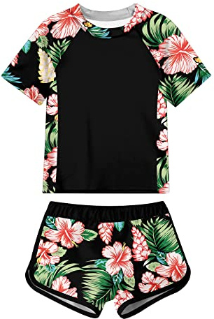 ADUKIDE Girls Summer Rash Guard Swimsuit Size 10 11 Tropical Flower Bathing Suit 2 Piece Sunsuit for Beach Pool Party Holiday