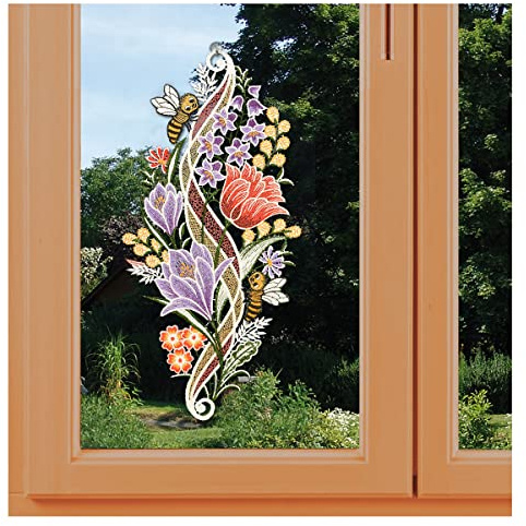 Fensterbild Frühlingserwachen Vogtländische Spitze mit Blumenmotiv | Spitzenbild Frühlingsblüher Oster-Dekor Tulpe Krokuss | farbenfroher Fensterhänger Höhe x Breite 39 x 17 cm