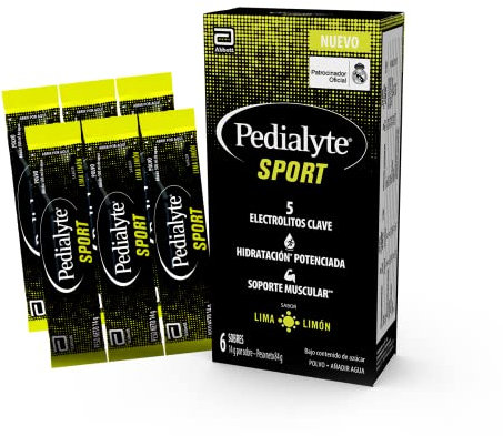 Pedialyte Sport - Bebida con sabor a Lima Limón, Hidratación Potenciada, Contiene 5 electrolitos clave como Magnesio, Sodio y Potasio, 6 sobres de 14g