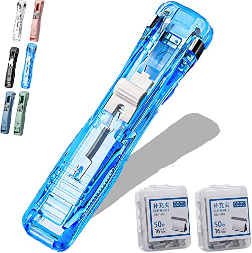 UGIF Reusable Creative Stapler, Klammerloses Heftgerät, mit 100 Stück Wiederverwendbare Heftklammern, Bindewerkzeuge, Tragbarer, Nadelloser Hefter, Für Büro, Schreibtisch, Schulbedarf, Blue