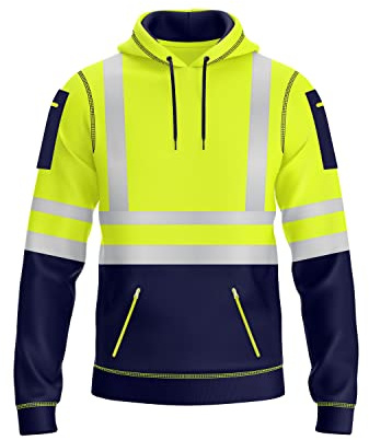NOROZE Mens Hi Vis Hoodie with Reflective Tape, Pullover High Vis Hoodie for Safety Workwear– 4 Utility Zipped Pockets, Work Hoodies for Men, High Visibility Hooded (L, Style 1: Neon Green/Navy)