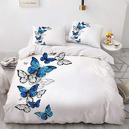 Luowei Schmetterling Bettwäsche 135x200cm Blau Weiß Butterfly Muster Bettbezug Set Microfaser Wendebettwäsche mit Reißverschluss und 1 Kissenbezug 80 x 80 cm