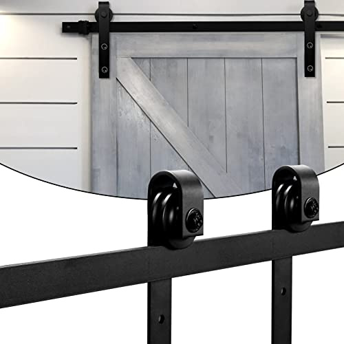 Tubiaz Juego de herrajes para puertas correderas de 152 cm (5 FT), accesorios de acero al carbono negro con ruedas y carril, para puerta corredera de madera, hasta 150 kg, rectángulo