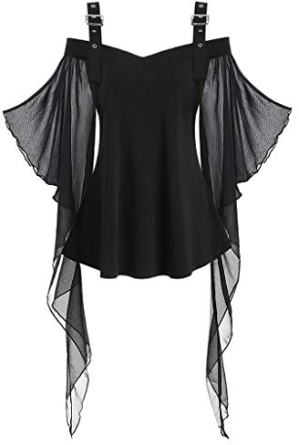 Oberteile Damen Fledermaus Vintage Bluse mit Rüschen Ärmel Mittelalter Kostüme Damen Schulterfreie Blusentops Halloween Kostüm Damen Sexy Vampir Gothic Bekleidung Kanerval