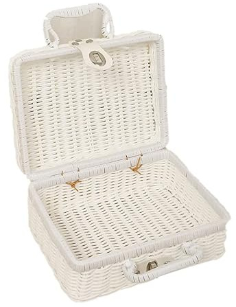 Restokki Geflochtener Aufbewahrungskorb, Einkaufskorb Panier Osier Weidenkorb mit Deckel Rattankorb für gewebte Picknickbox im Freien(L-Weiß)