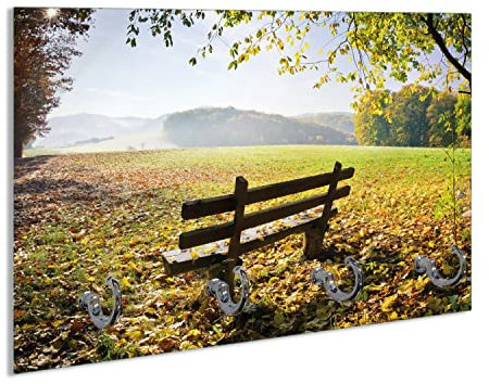 Wallario Schlüsselbrett aus Glas 30 x 20 cm, Wand Schlüsselhalter mit 4 Haken, Motiv: Idyllische Holzbank in den Bergen