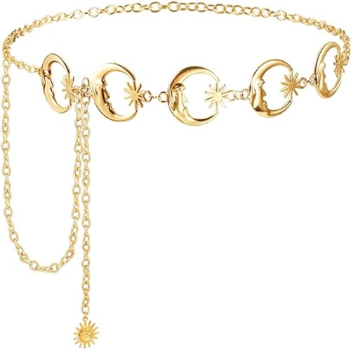 Weenkeey Mond Taillenkette Mode Metall Kettengürtel Einstellbare Körper Kette für Kleid Hemden Mantel Jeans - Gold