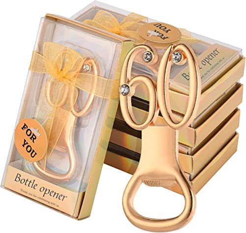 50 Pcs Golden 60th Birthday Party Favors with Rhinestones, Perfect for Guests, Personalized 60 Beer Bottle Openers, Bulk Keepsakes (60)