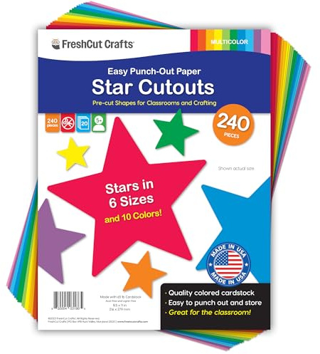 240 Pieces Star Cutouts, 2-Sided US Made Card Stock Punch Out Multicolor Stars for Bulletin Boards, Classroom Decor, Back to School DIY Craft Projects, Party Decoration, Hollywood Themed Events
