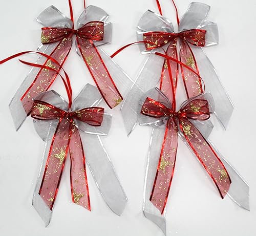 CaPiSo 4 Stück Handarbeit Doppel-Fertigschleifen 20 x 30 cm Glitzerschleife Lurexschleife Lammee Geschenkschleife Weihnachten Schleifen Weihnachtsdekoration Weihnachtsbaumschleifen Silber-Rot (23)