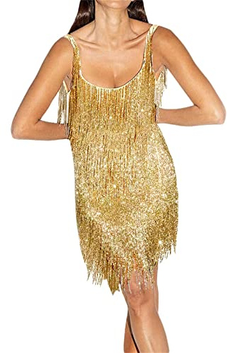 Alaurbeauty Damen 1920er Jahre Gatsby Pailletten Fransen Vintage Flapper Kleid Cocktailparty Kleid Kostüm Set für Abendabschlussball (Goldene, M)