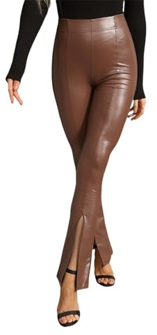 Pantalon Simili Cuir Femme Taille Haute avec Fente PU Legging Cuir Femme Sexy Grande Taille Pantalon Skinny Femme Extensible Chic Pas Cher Confortable Casual Sport Yoga (Brown, XXL)