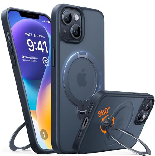 TORRAS Ostand Q3 Spin für iPhone 13 Hülle, iPhone 14 Hülle (360° Magnetischer Unsichtbarer Ständer) Zertifizierte Militärschutz, MagSafe Kompatibel, Kratzfeste Matt Rückseite Handyhülle Schwarz