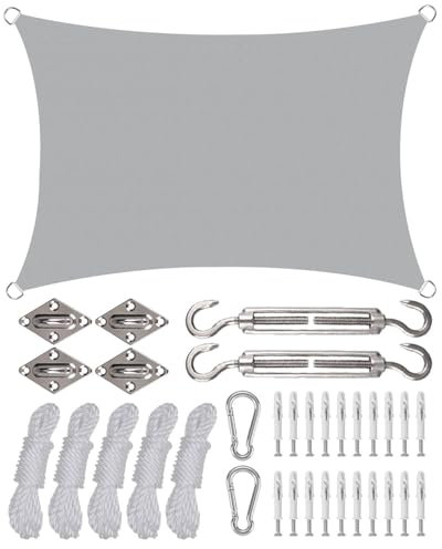 Sonnensegel 3x4m, Premium HDPE 98% UV Atmungsaktiv, Mit Ösen und Befestigungsseilen, Sonnensegel wasserdicht Geeignet für Außenbereich, Garten, Camping, Terrasse(Lotus grau)