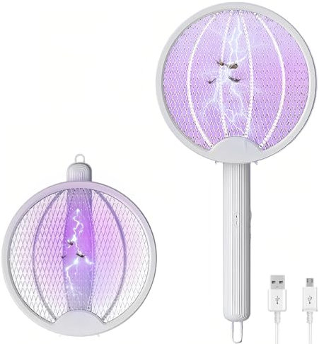 Racchetta Zanzare Elettrica Lampada Antizanzare 2 in 1 Pieghevole in Piedi a Parete 3000V con Rcaricabile USB Adatto per Casa Giardino Campeggio Interni ed Esterni Bianco