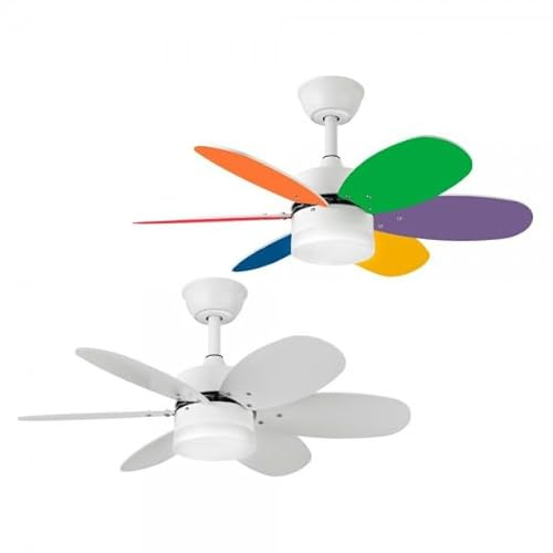 Bilake Kids Ventilador de Techo Infantil con Luz LED y Mando a Distancia, Silencioso, Aspas Reversibles, 85 cm, 3 Tonos de Luz Regulables para Habitación Infantil y Juvenil (Vivos/Blanco Reversible)