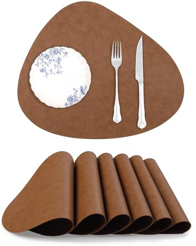 fanquare Leder Tischset in Braun mit Kuhmuster, doppelseitig rutschfest und abwischbar, 6er Set Platzdeckchen in Lederoptik für den Esstisch