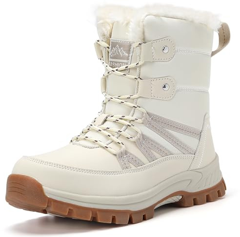 CLYCTIP Botas de invierno para mujer con forro cálido | Botas de nieve impermeables con cuello de piel | Botas térmicas antideslizantes para actividades al aire libre, beige, 38 EU