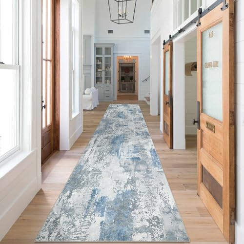 famibay Alfombra larga antideslizante para pasillos, alfombra moderna con respaldo de goma, lavable, pelo bajo, lana sintética, alfombra abstracta para pasillo y entrada (14 pies)