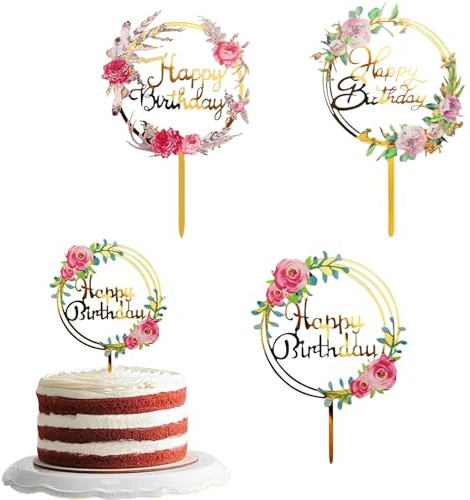 dinghaole 3 Pcs Flowers Cake Toppers, Happy Birthday Cake Topper, Acrylic Cake Decoration Topper Sets Happy Birthday, Cake Topper Suitable for All Kinds of Birthday Party Wedding Cake Decoration