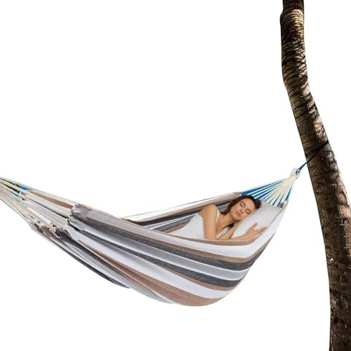 Hängematte, Garten-Campingschaukel – Hinterhof-Camping-Hängematte, gestreifte Baum-Hängematte, verdickte Kinder-Campingschaukel mit Organizer-Tasche, tragbar, für 2 Personen, Outdoor, für Strand