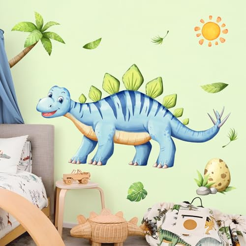 Tanlaby Wandtattoo Blau Dinosaurier Dschungel Tiere Palmen | Dschungel Tiere Palmen für Jungen Mädchen Spielzimmer Babyzimmer