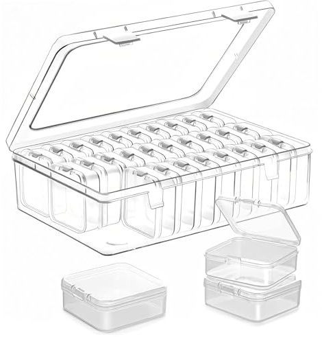 NLONLL 30 Teilige Kleine Aufbewahrungsbox mit Deckel 5,5 x 5,5 x 2cm Mini Plastikbox aus Klarem Kunststoff Sortierbox mit Klappdeckel Kunststoffbox für Perlen, Schmuck, Bastelartikel & Kleinteile