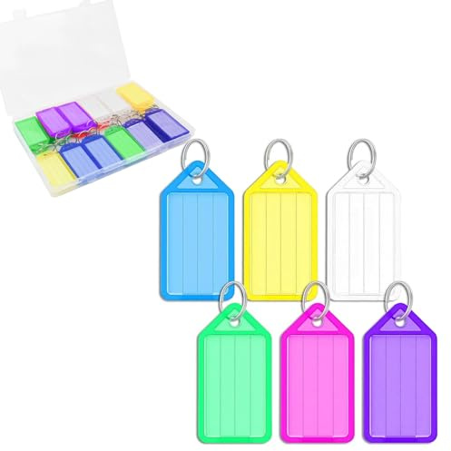 Porte-clés,30 Porte Clés Colorés et Robustes avec Étiquettes en Papier Vierge Lignées Couvercles Transparents et Anneaux Fendus Identificateurs d'articles