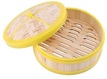 MAGICLULU Bamboo Steamer Basket 20cm Single Tier with Lid Yellow Rim Cooking Basket for Dim Sum Dumplings Buns Vegetables Rice