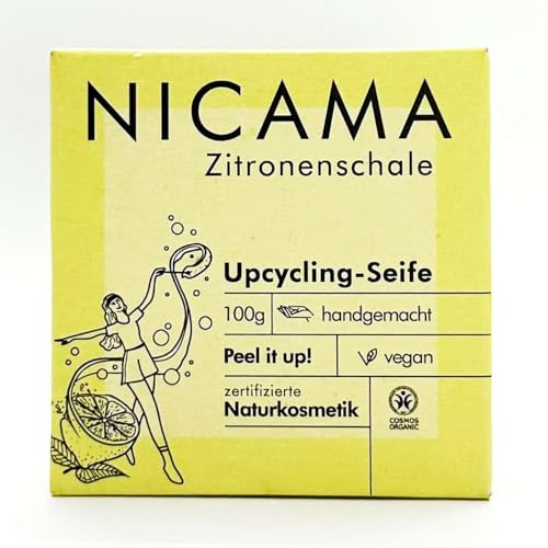 Nicama - Duschseife Upcycling-Zitronenschale (COSMOS), mit Peelingeffekt – 100g - Natur-seife ohne Plastik, Vegan, Palmölfrei, Tierversuchsfrei