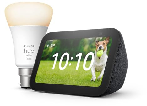 Echo Show 5 (Newest gen), Charcoal + Philips Hue White Smart Light Bulb LED (B22), with Alexa+ Early Access