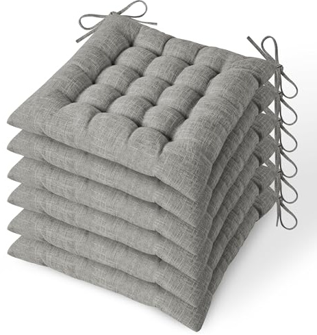 MineCozy Dining Chair Cushions Set of 6 with 16 Fixed Points Soft Kitchen Chair Pads with Ties Seat Cushion for Dining Room 42x42x7cm/16.5x16.5x2.7 Light Grey