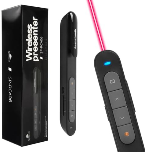 Spacetronik Wireless Presenter mit Laserpointer, 2,4GHz Präsentationsfernbedienung mit 100m Reichweite, Pointer für Präsentationen USB & USB-C, Unterstützung Hyperlink und Lautstärkeregelung