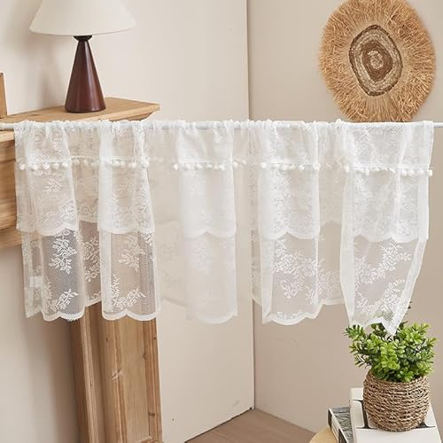 Ueiwffzo Boho Scheibengardine, Weiße Spitze Kurzer Vorhang Landhausstil Kurzstore Gardinen, Bistrogardine Küchengardinen gardinen weiß für Schlafzimmer Wohnzimmer Fensterdeko (230x45cm)