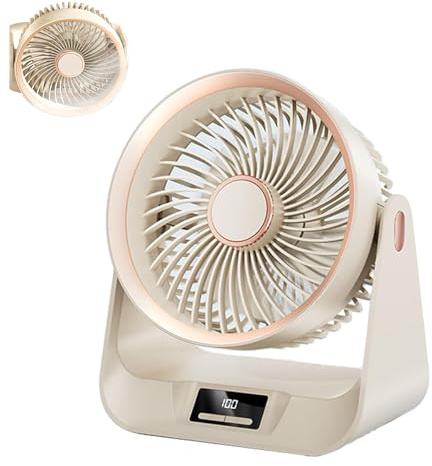 Maxspace Tischventilator, 3600mAh Wiederaufladbarer USB Ventilator Klein mit LED-Anzeige und Timer-Funktion, 5 Geschwindigkeiten, Ventilator Leise für Büro Haus Outdoor Camping (Beige)