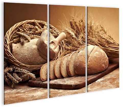 islandburner Quadro su tela di pane e grano su tavola di legno con sacco di farina e spighe nel cestino Immagini murali Poster