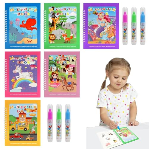 VOSSOT 6 Stück Aqua Doodle,Malbuch Ab 3 Mit Wasserstift, Wassermalbuch Ab 3 Für Jungen & Mädchen,Sauberes Malen Unterwegs,Wassergraffiti, Wiederholte Verwendung,Water Wow Malbuch Ab 3 Jahre